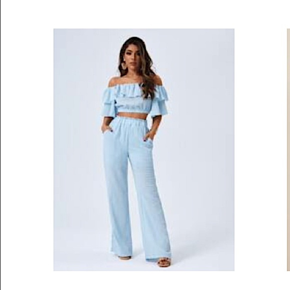 SHEIN - off shoulder crop top & paper bag bottoms. Color: light blue    Size:M